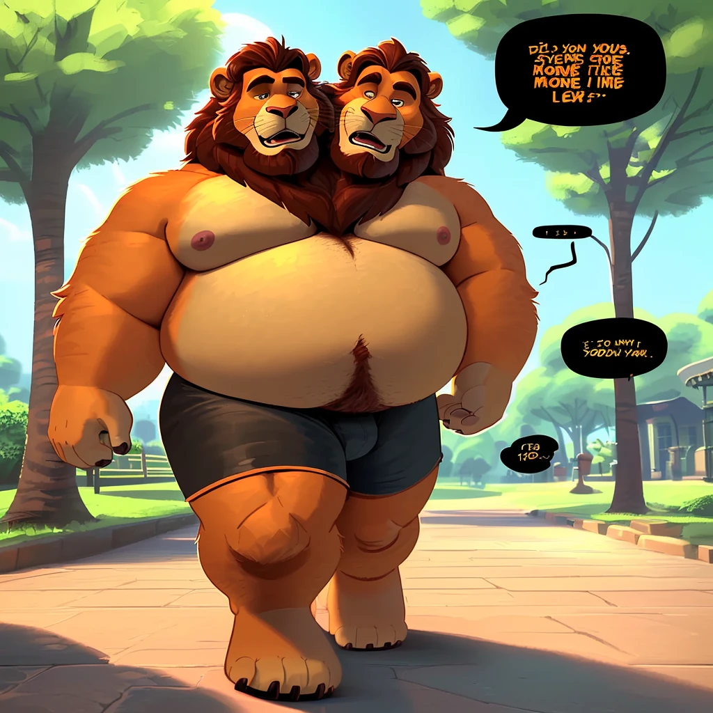 solo, (lion), two heads one body, two headed identical conjoined twin brothers, (adult male, 50 year old male, (detailed eyes:1.2, cartoon eyes), (stylized 3d, by disney, by rembrandt), by pixar, by dramamine, (burly, manly, beefy, obese:1.3, orange fur, beard)), park background, (shirtless, black athletic shorts), correct hands, (cartoon eyes, small dark pupils, masculine eyes, narrow eyes, six eyes), (ultradetailed, best quality, detailed masterpiece, highly detailed masterpiece, 4k, professional cartoon), ((natural pose:1.3, walking:1.3)), (((dadbod))), ears, ((talking:1.3, speech bubbles:1.3))