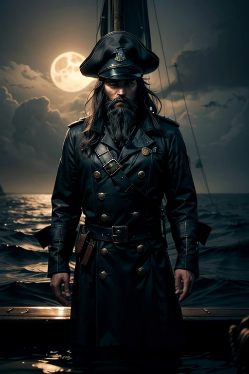 Standing on top of his ship, a dark and mysterious Pirate captain, his face etched with profound sadness and despair, adorned with a bushy beard and a captain's hat, sailing through foggy seas, holding a flickering candle that casts a dim light, revealing only half of his face. He is shrouded in deep loneliness. The atmosphere is enveloped in a sinister, surreal, and mysterious seascape, where the moonlight barely penetrates the haunting mist. The seascape is both eerie and ethereal, with an ominous aura. The lone captain silently navigates the unknown, the flickering light of his candle barely illuminating the hidden dangers lurking in the mist. Curiosity and uncertainty envelop him as he embarks on this