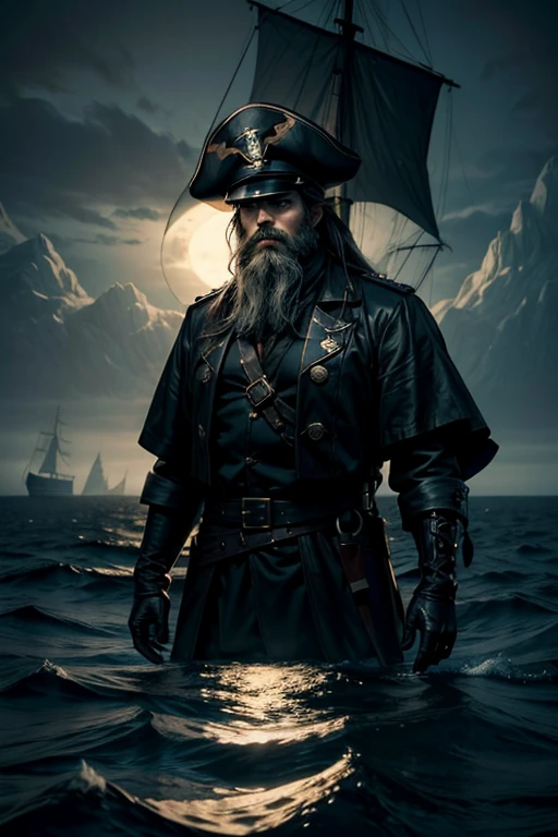 Standing on top of his ship, a dark and mysterious Pirate captain, his face etched with profound sadness and despair, adorned with a bushy beard and a captain's hat, sailing through foggy seas, holding a flickering candle that casts a dim light, revealing only half of his face. He is shrouded in deep loneliness. The atmosphere is enveloped in a sinister, surreal, and mysterious seascape, where the moonlight barely penetrates the haunting mist. The seascape is both eerie and ethereal, with an ominous aura. The lone captain silently navigates the unknown, the flickering light of his candle barely illuminating the hidden dangers lurking in the mist. Curiosity and uncertainty envelop him as he embarks on this