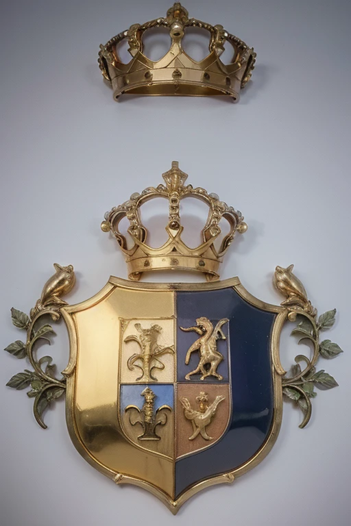 Photo of the coat of arms of a country with lilac, light blue and white colors that has a golden crown