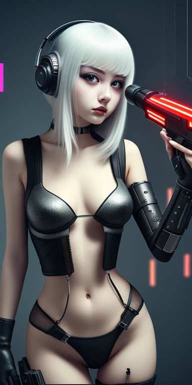 highest quality、highest resolution、girl、silver hair、charming eyes , cyberpunk style,alone,arms、22 years old、laser gun、planet