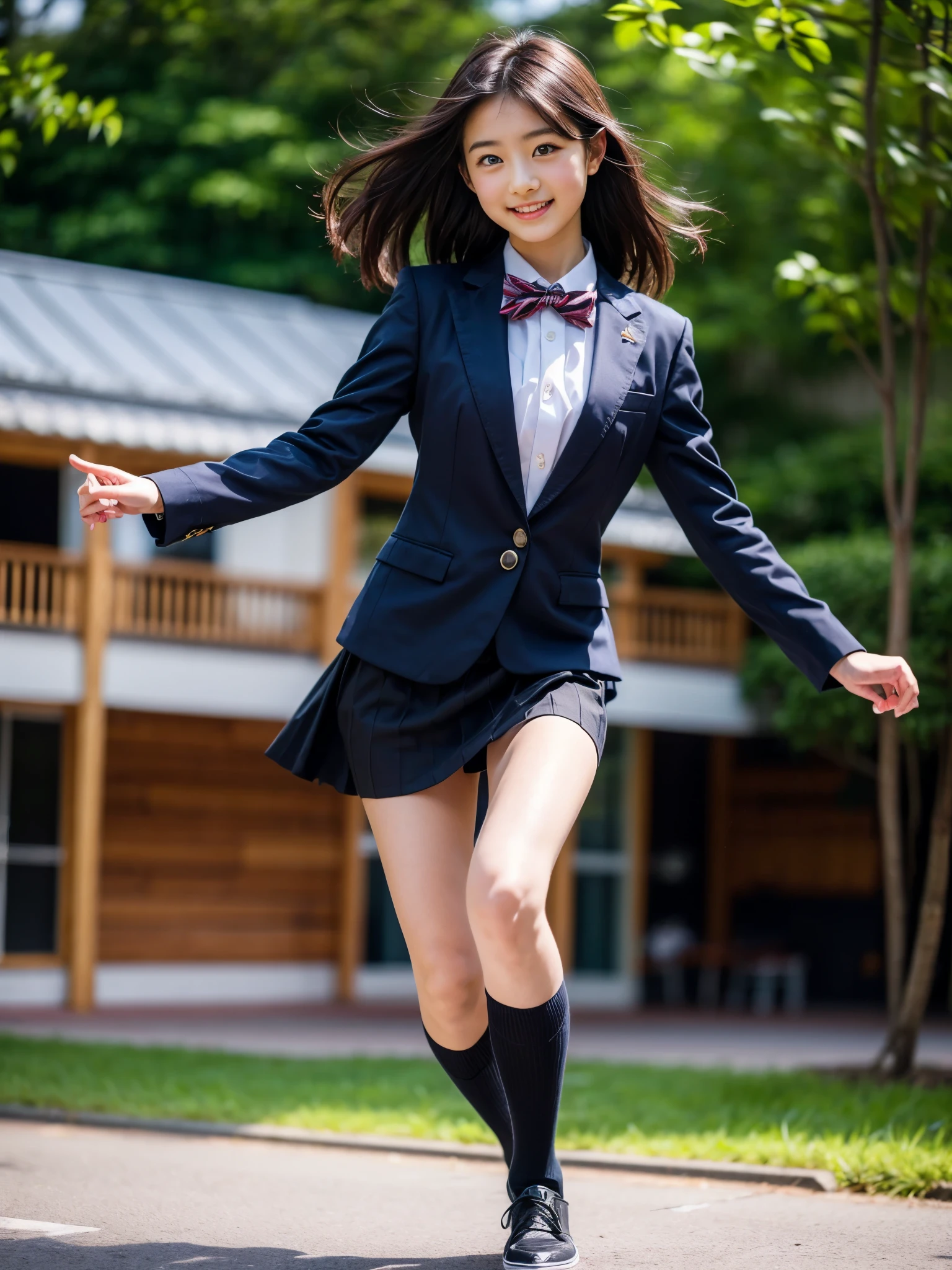 (masterpiece, highest quality:1.4), award-winning portraits, 8K, 85mm, alone, beautiful face, delicate girl, , (dark navy blazer jacket), dark navy skirt, long sleeve, violaces, gardenia, grace, Sophisticated, cute, teen, looking at the viewer, , Raw photo, disorganized, HDR, sharp focus, A bow tie, background bokeh、(((flat 、thin and delicate body、A childish atmosphere)))、shiny semi-long hair、hair swaying in the wind、Mole on the left cheek、large, round, dark blue eyes、full body、random pose、Run、(sprinting、Skirt fluttering in the wind)、Junior idol、Nogizaka Idol、widening skirt、jump、mole under eye、Jumping into the audience with open arms、((An empty park square))