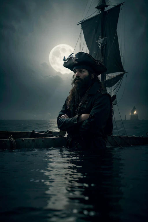 Standing on top of his ship, a dark and mysterious Pirate captain, his face etched with profound sadness and despair, adorned with a bushy beard and a captain's hat, sailing through foggy seas, holding a flickering candle that casts a dim light, revealing only half of his face. He is shrouded in deep loneliness. The atmosphere is enveloped in a sinister, surreal, and mysterious seascape, where the moonlight barely penetrates the haunting mist. The seascape is both eerie and ethereal, with an ominous aura. The lone captain silently navigates the unknown, the flickering light of his candle barely illuminating the hidden dangers lurking in the mist. Curiosity and uncertainty envelop him as he embarks on this