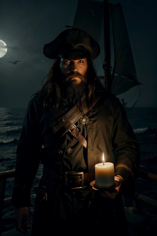 Standing on top of his ship, a dark and mysterious Pirate captain, his face etched with profound sadness and despair, adorned with a bushy beard and a captain's hat, sailing through foggy seas, holding a flickering candle that casts a dim light, revealing only half of his face. He is shrouded in deep loneliness. The atmosphere is enveloped in a sinister, surreal, and mysterious seascape, where the moonlight barely penetrates the haunting mist. The seascape is both eerie and ethereal, with an ominous aura. The lone captain silently navigates the unknown, the flickering light of his candle barely illuminating the hidden dangers lurking in the mist. Curiosity and uncertainty envelop him as he embarks on this