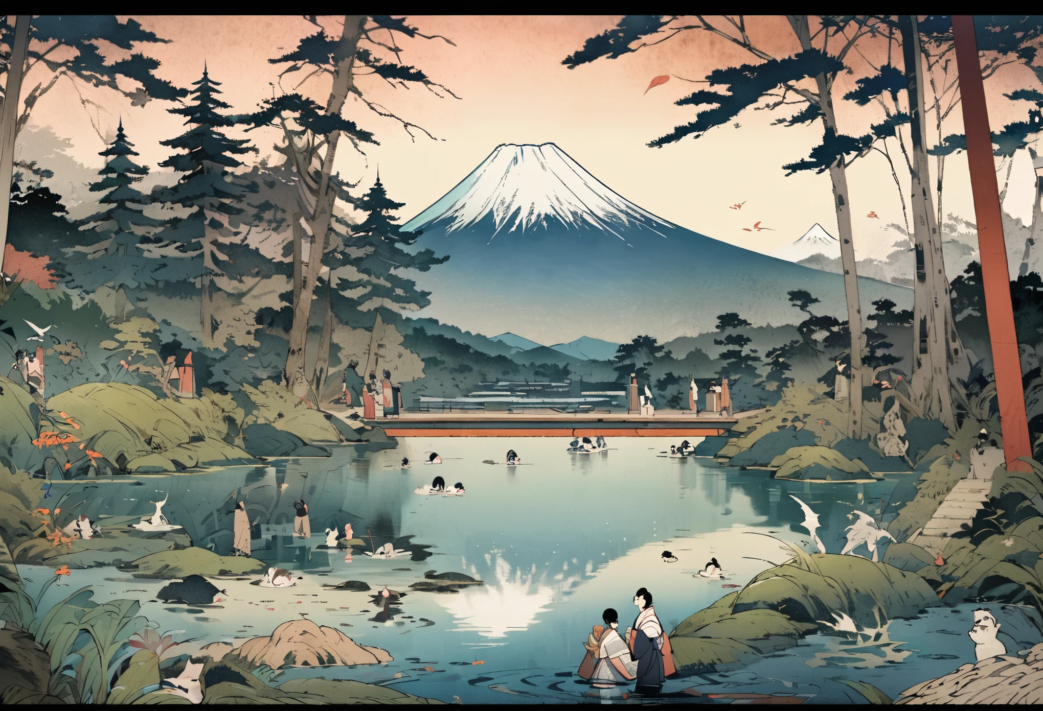 mysterious forest、lots of animals、fantasy、View of Mt. Fuji、A couple heading to a temple deep in the forest、Japanese painting、Nishikigoi in the pond、Japanese style、detailed expression