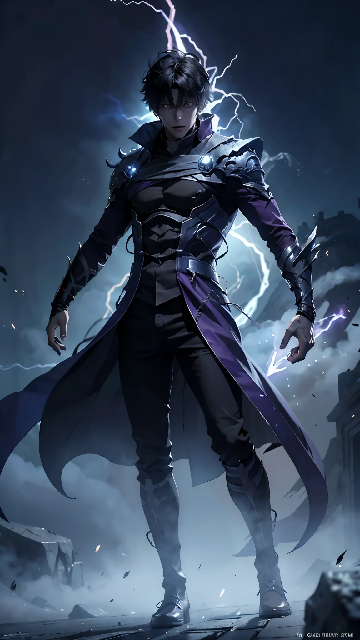 epic anime style, purple lightning, evil temperament, 20-year-old male shadow assassin, glowing black aura, shadow supervisor, handsome face, brilliant and majestic. Beautiful standard body and complete body structure. full body shot of a man with lightning in his hand, an epic anime about a purple energy man, in a battle stance with dark hair and glowing eyes looking at the viewer. Cool Gapmoe Yandere, menacing look, gintama's Hijikata Toushirou, inspired by Masanobu Okumura, the originator of the anime art style, Nobutaka Ike, the night war rages behind him. Highest image quality 8K, details everything 8K.