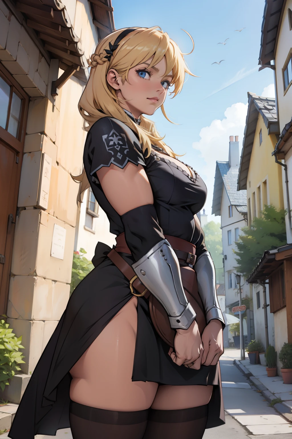 photorealistic,realistic, solo, photorealistic, best quality, ultra high res, 1girl,, sits , blonde hair in a ponytail, (big boobs), wearing a small short dress ( in Brown leather),off-shoulder,strapless, breeze blowing through the grass,, , 1girl, ((Middle Ages)), (((medieval fantasy))), ((viking)), beautiful, masterpiece, best quality, extremely detailed face, perfect lighting, 1girl, solo, (((sad))), , best quality, ultra high res, photorealistic,, ultra detailed,, masterpiece, best quality, , nancy1, large breasts, cleavage,