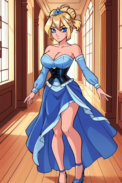 (masterpiece, 4k, high quality, colorful, super detailed eyes and face:1.2), 1girl, solo, 26 year old Scandinavian woman, Short blonde hair, bun-like hairstyle, bright blue eyes, big breasts, buxom chested, cleavage, strapless dark blue dress, corset, exposed shoulders, silver tiara, white stash, light blue heels, full body shot, (Background: Indoors, hallways, interior of a royal palace)
