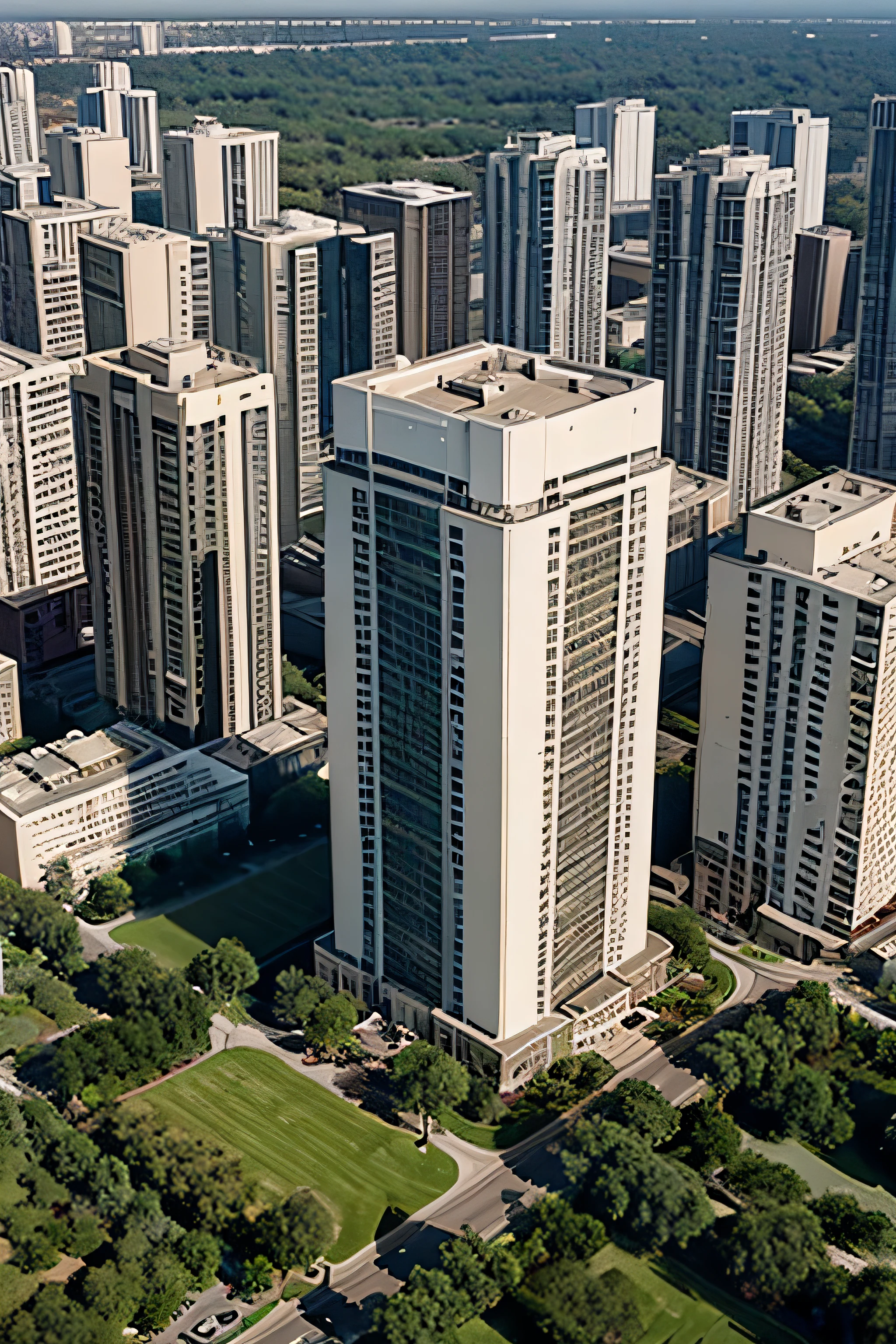 It shows an aerial view of several buildings with more than 10 floors where the vegetation has been reduced.