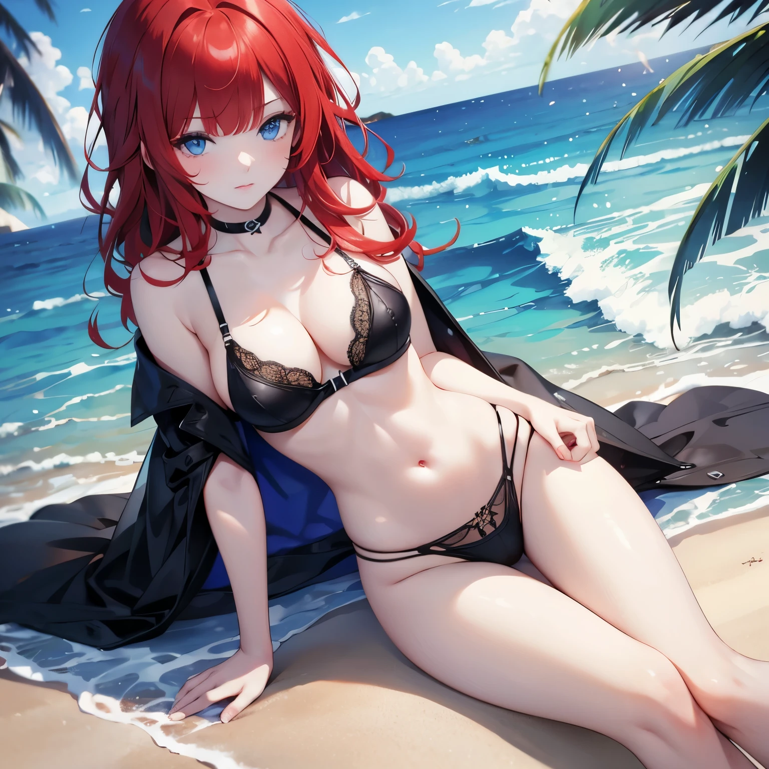 Red hair,blue eyes, black lingerie, beach, better hands