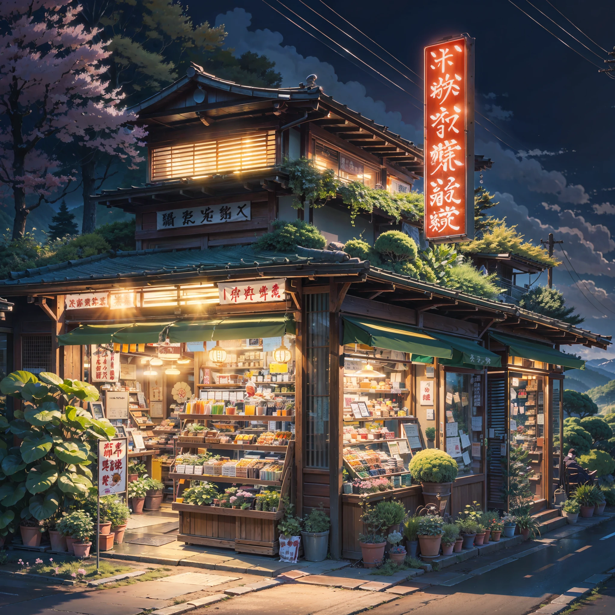 japan, modern Japanese shop by the side of a road in the mountains, modern Japanese architecture, sun-set, sunset, sun set, sun, best quality, (no one: 1), anime, anime style, lofi, dramatic weather, Japanese shop signs, lofi style, vegetation, woods, neon signs, plant pots, lanterns, lamps