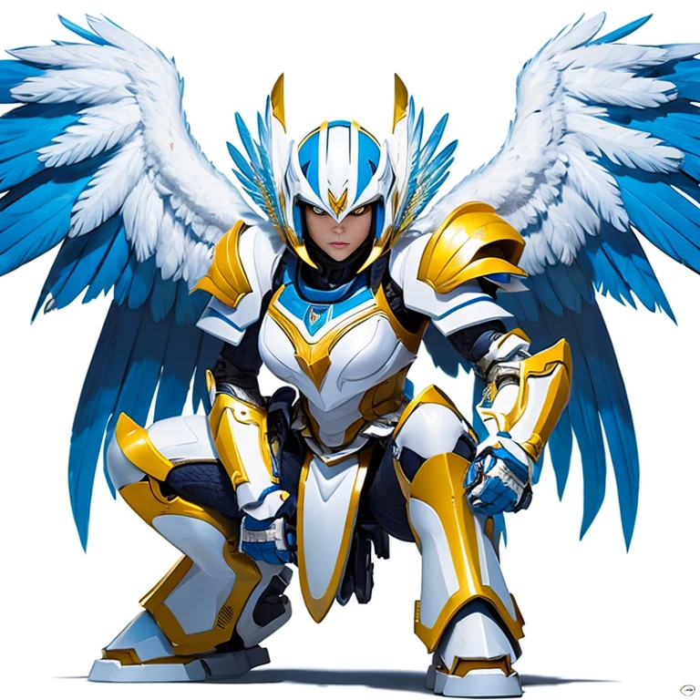 Cartoon. Plain white background. Full-length photo. Looking down from above. Super deformed. Beautiful squatting heroine wearing blue and gold and white hawk armor with white hawk head.