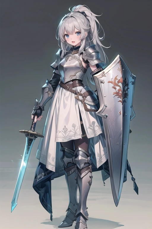 1girl, armor, weapon, sword, holding, solo, breastplate, holding-weapon, long-hair, ponytail, grey-hair, holding-sword, open-mouth, fingerless-gloves, shoulder-armor, full-body, gloves, dress, boots, standing, helmet, armored-boots, white-dress, ((shield))