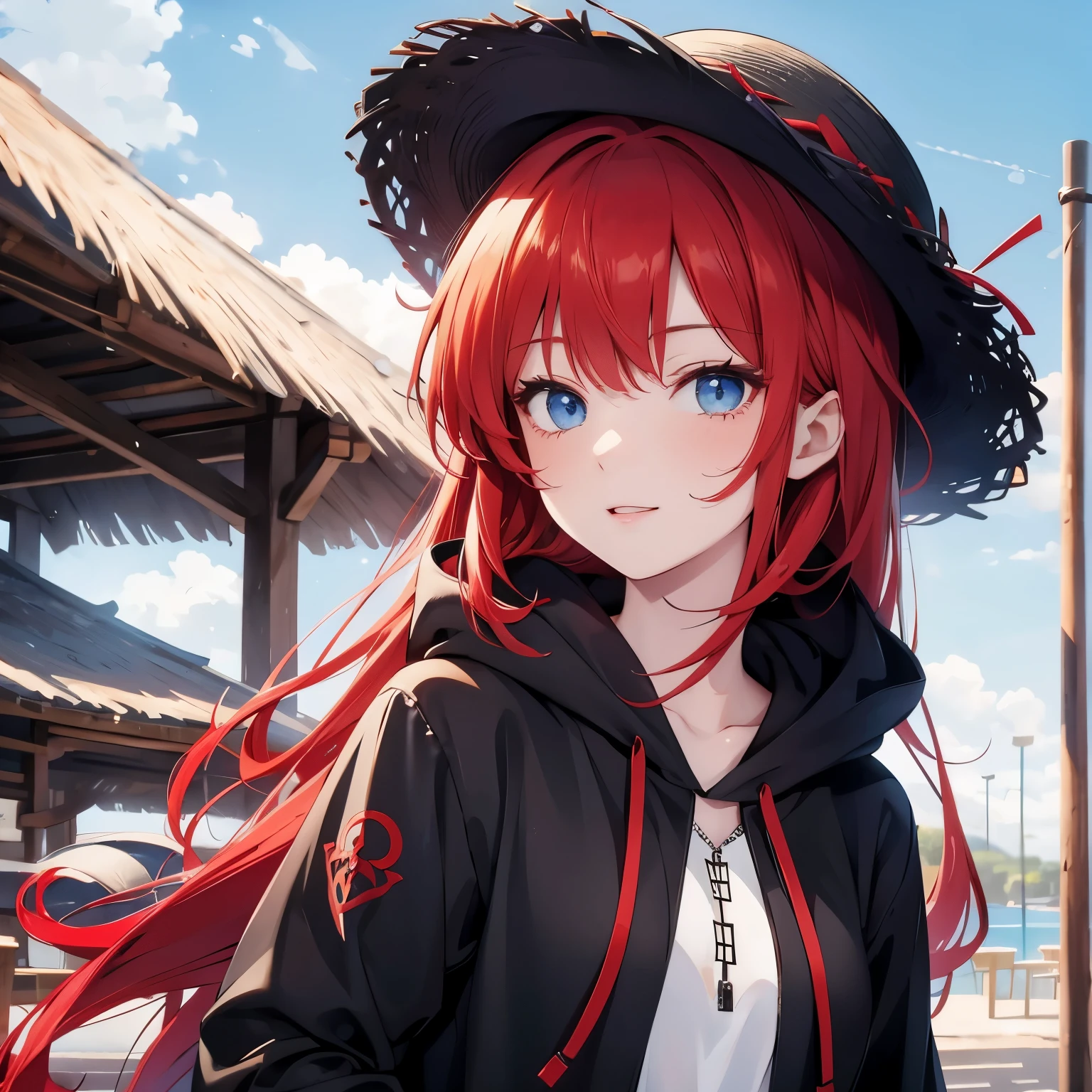 Red hair, blue eyes, black hoodie, straw hat,happy