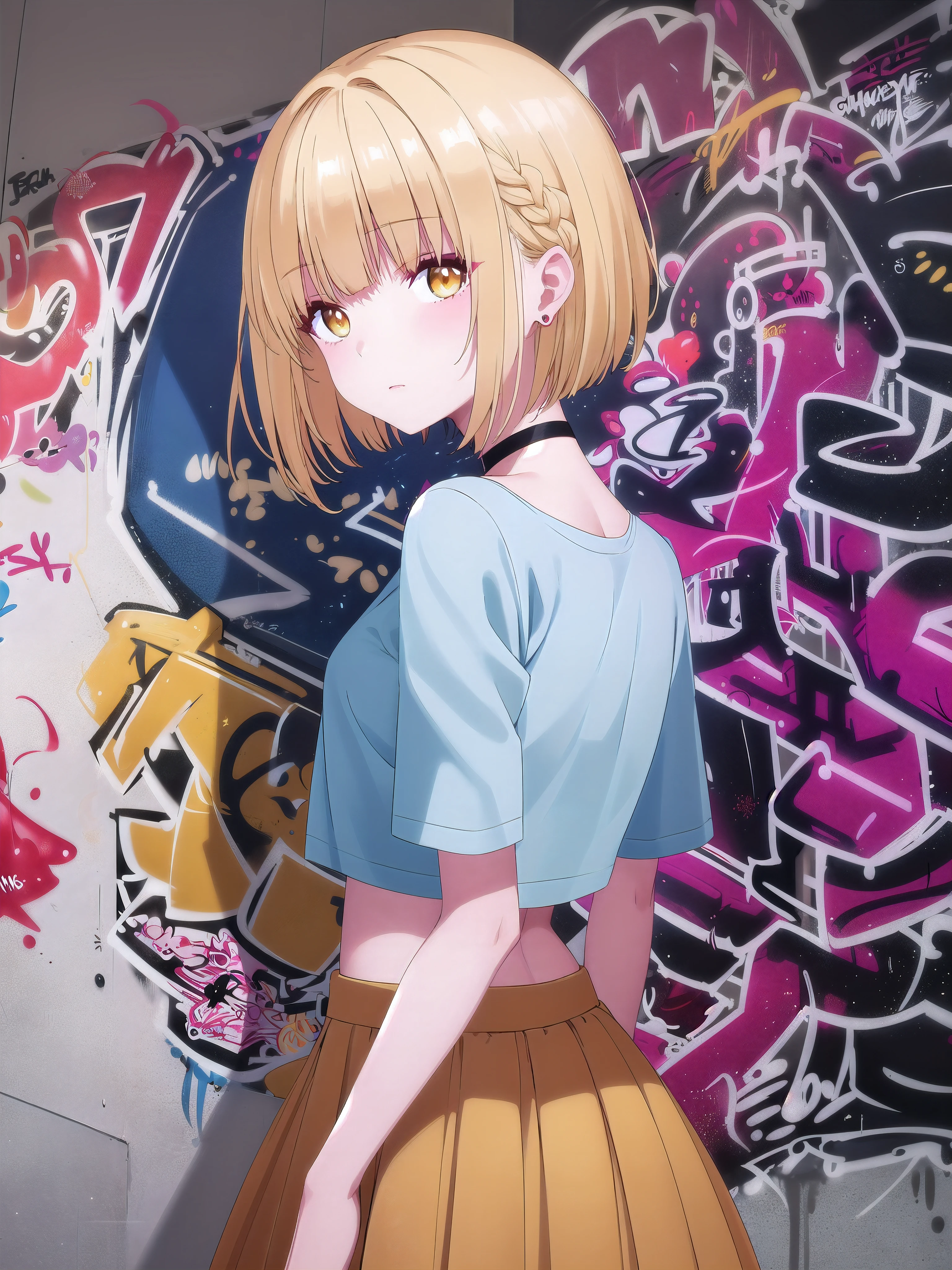 masterpiece, best quality, 1girl, solo, stylish crop top, vibrant yellow hair, bobhair, short-hair, short bob hair, (((bobcut))), ((haircut:1.3)), undercut, bobbed hair, minibob, sidecut, buzz haircut, sidecut, side of head shaved, yellow eyes, ((Shave his hair)), graduation bob, straight short hair, Hair in ears, elegant braid, soft bangs, exposed back, alluring choker, (graffiti:1.5), artistic paint splatter, seductive arms behind back, leaning against wall, exposed back, looking at viewer, fashionable armband, urban hiphop style, flirty skirt, playful head tilt, intense expression, warm orange, dynamic asymmetrical design, bold geometric shapes, creative street art