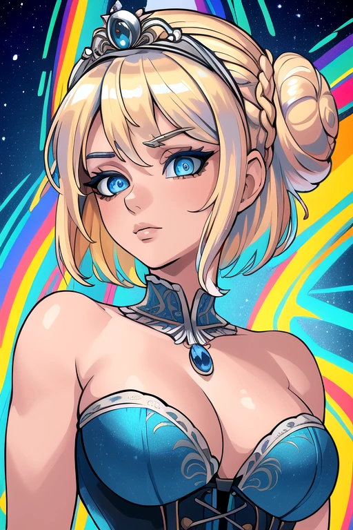 (masterpiece, 4k, high quality, colorful, super detailed eyes and face:1.2), 1girl, solo, 26 year old Scandinavian woman, Short blonde hair, bun-like hairstyle, bright blue eyes, big breasts, buxom chested, cleavage, strapless dark blue dress, corset, exposed shoulders, silver tiara, white stash, upper body shot
