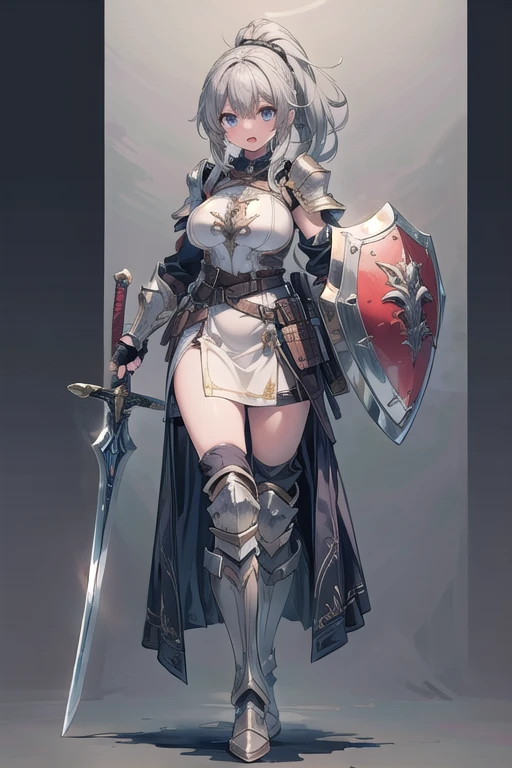 1girl, armor, weapon, sword, holding, solo, breastplate, holding-weapon, long-hair, ponytail, grey-hair, holding-sword, open-mouth, fingerless-gloves, shoulder-armor, full-body, gloves, dress, boots, standing, helmet, armored-boots, white-dress, ((shield)), ((big breasts) 1:1)