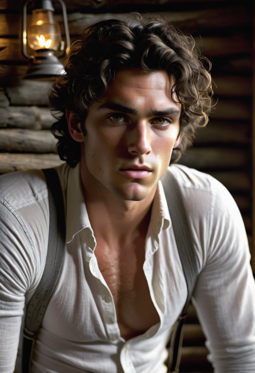 (highly detailed, soft light, photorealistic, dynamic light; cinematic); victorian era; 1820s; 24 years old man; Greek; 1820s Anglican priest; incredibly attractive; dark and brooding; masculine yet beautiful; helpless longing stare; confused expression; Adonis; moody; intense; hooked Greek nose; sensual; amorous air; very attractive; lean figure; olive skin; stubble; hazel-green eyes; thick strong dark-brown eyebrows; long full sideburns; 1820s grey suspenders connected to 1820s woolen pants; 1820s white union shirt, unbuttoned; naked lightly-hairy chest showing; short tousled dark-brown wavy hair; full luscious moist lips, parted; mouth slightly open; standing in a cosy oil-lamp lit log cabin in 1820's Canada; looking at camera