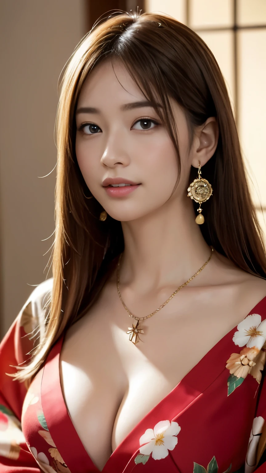 (8K, highest quality, masterpiece:1,2), (realistic, Photoreal:1.37), Super detailed, one girl,), (very detailed), (緻密で美しいeye), (highest qualityの), (Super detailed ), (masterpiece), (detailed face),woman((19 years old)), hair((Caramel color，Straight, super length)), eye ((赤いeye, 大きな eye)), Clothes((kimono，big slit, red floral pattern)), accessories ((earrings, necklace)), huge breasts, big , smile, background,長いhair，赤いClothes，cowboy shot