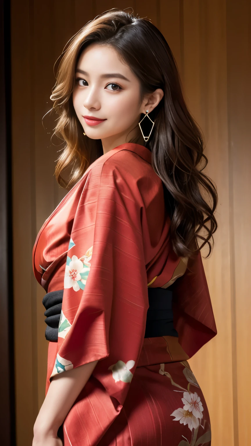 (8K, highest quality, masterpiece:1,2), (realistic, Photoreal:1.37), Super detailed, one girl,), (very detailed), (緻密で美しいeye), (highest qualityの), (Super detailed ), (masterpiece), (detailed face),woman((19 years old)), hair((red, wavy, length)), eye ((redいeye, 大きな eye)), Clothes((kimono,big slit, redい花柄)), accessories ((earrings, necklace)), huge breasts, big , smile, background,長いhair,redいClothes,cowboy shot