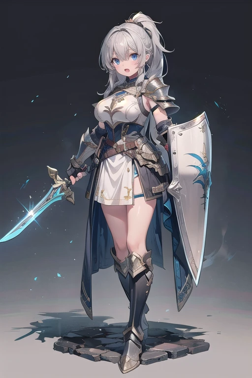 1girl, armor, weapon, sword, holding, solo, breastplate, holding-weapon, long-hair, ponytail, grey-hair, holding-sword, open-mouth, fingerless-gloves, shoulder-armor, full-body, gloves, dress, boots, standing, helmet, armored-boots, white-dress, ((shield)), ((big breasts) 1:1)