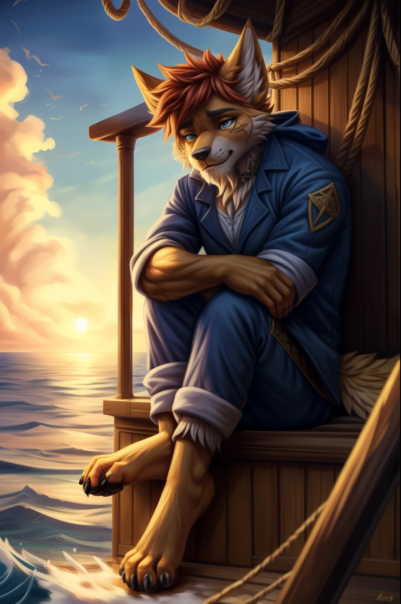 (((Barefoot furry character, full body, cinematic setting, male)))
Masquerading as a man with a reason.
My charade is the event of the season
and if I claim to be a wise man, well
it surely means that I don't know.
On a stormy sea of moving emotion
tossed about I'm like a ship on the ocean.
I set a course for winds of fortune,
but I hear the voices say:
(Carry on my wayward son.)
(There'll be peace when you are done.)
(Lay your weary head to rest.)
(Don't you cry no more.)
BREAK, detailed background, 8K, (masterpiece:1.5), intricate details, highly detailed, extreme detail, octane render, fine art, best quality, highres, (detailed face:1.5), ((full_body)), UHD, (((perfect hands)))