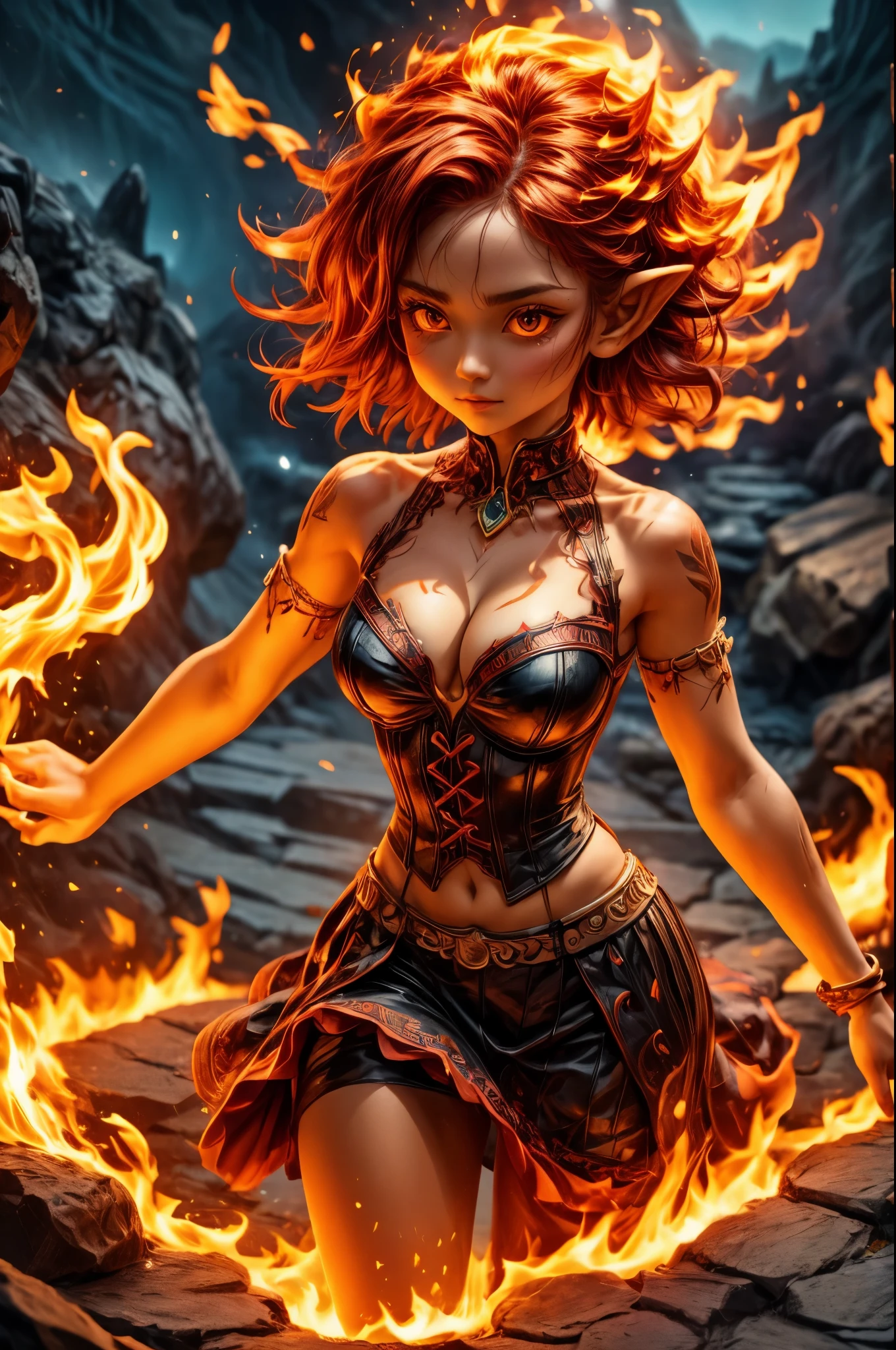 solo, 1girl, ((best quality)), ((masterpiece)), (detailed), 4k, very small goblin girl, bright red skin, pointy ears, fire hair, pleased expression, bright red eyes, wearing ornate corset made of black volcanic rock, volcanic cave background, on fire, flame skin, hair on fire, skin on fire, ruby jewelry, arm decorations, thigh decorations, short skirt hade of fire, visible midriff, cleavage, smoldering eyes, fire hair