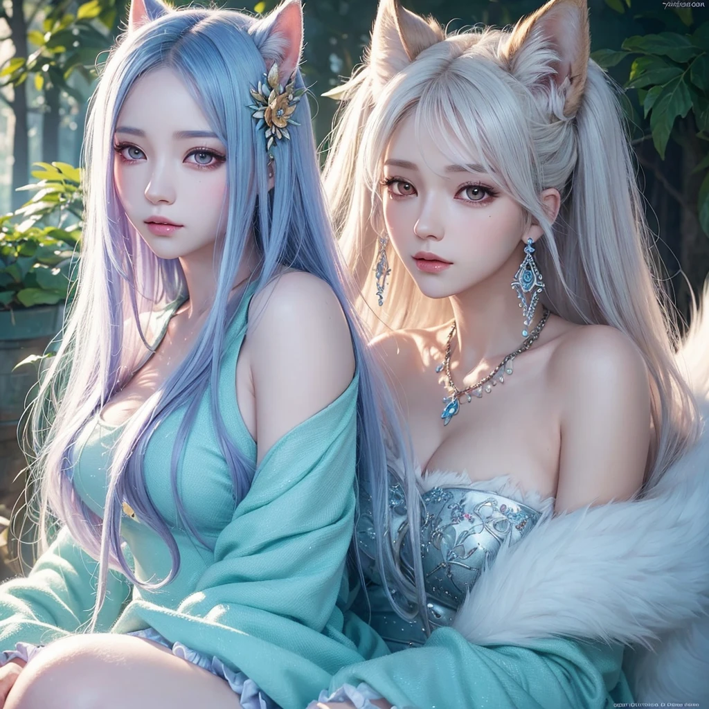 best quality,ultra-detailed,realistic,Ari,9-tailed fox,League of Legends,sad,without smile,beautiful detailed eyes,beautiful detailed lips,detailed fur,enchanted forest,ethereal lighting,vivid colors,anime style,pastel color palette