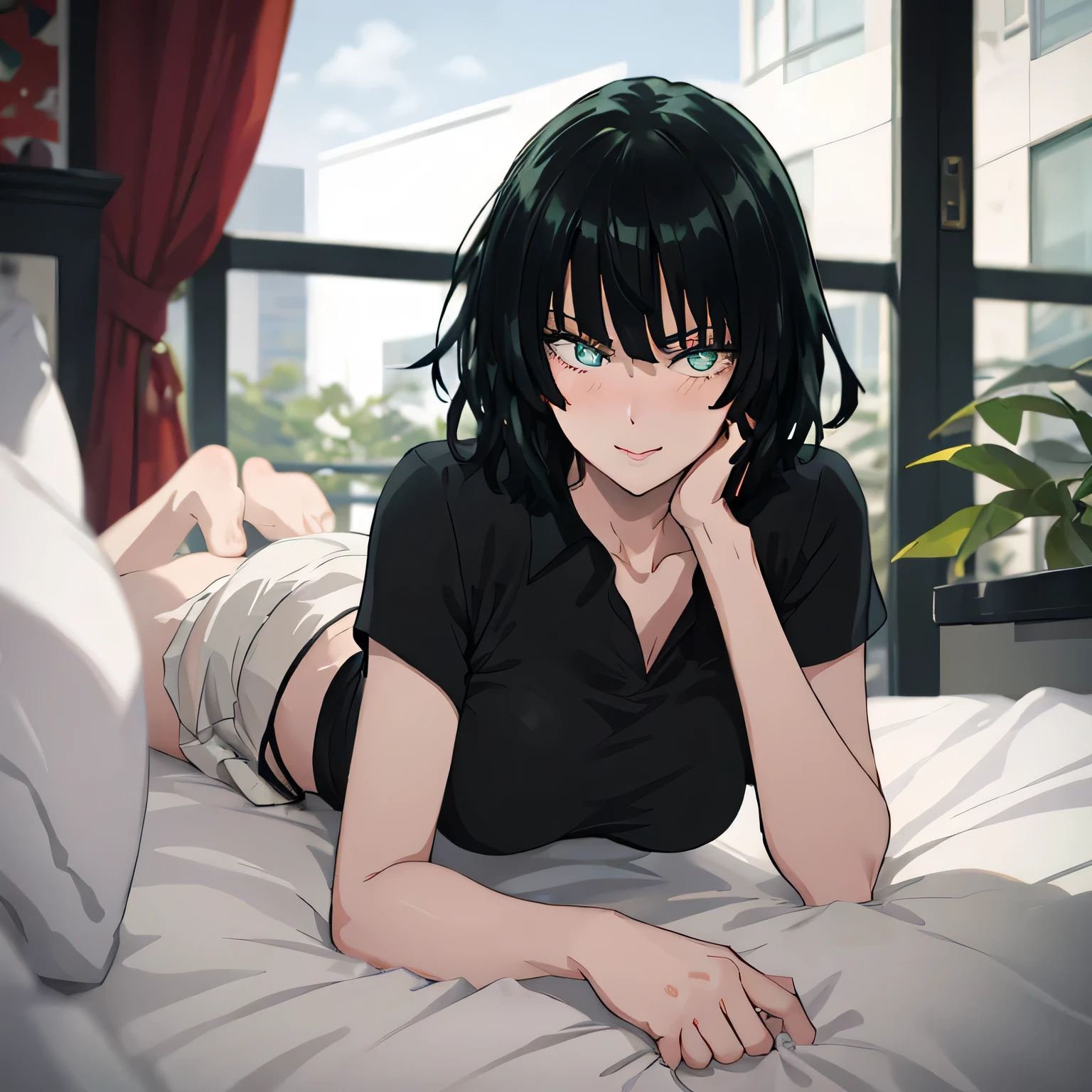 Anime girl laying on bed with her hand on her chin - SeaArt AI