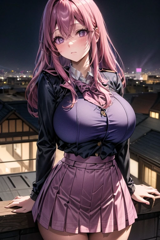 A pink haired woman with violet eyes in an hourglass figure is wearing a conservative student uniform is studying on the roof at night