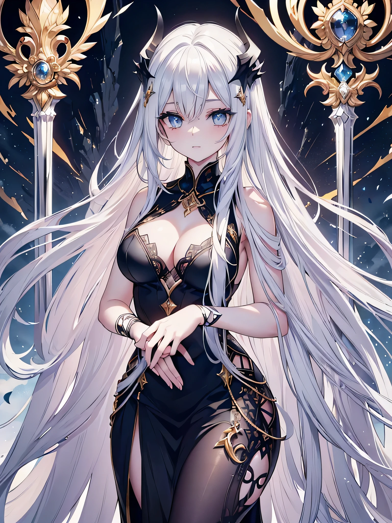 (high contrast),flowing white wings,black feathered wings,flowing white dress with gold accents,rocky cliff overlooking a stormy sea (epic landscape),rays of light (dramatic lighting),mesmerizing blue eyes that sparkle with a hint of mischief,long flowing golden hair,radiant smile (beautiful detailed eyes,beautiful detailed lips), angelic side of her face is serene and ethereal,while the demonic side is fierce and captivating,golden key in one hand,symbolizing her power and authority in both realms(symbolic element),atmosphere filled with tension and anticipation,battle between light and darkness about to unfold,vibrant and rich colors,warm and cool tones,enhancing contrast between the angelic and demonic aspects of the woman(vivid colors,high contrast),mystery and awe, enigmatic beauty of this half-angel, half-demon woman