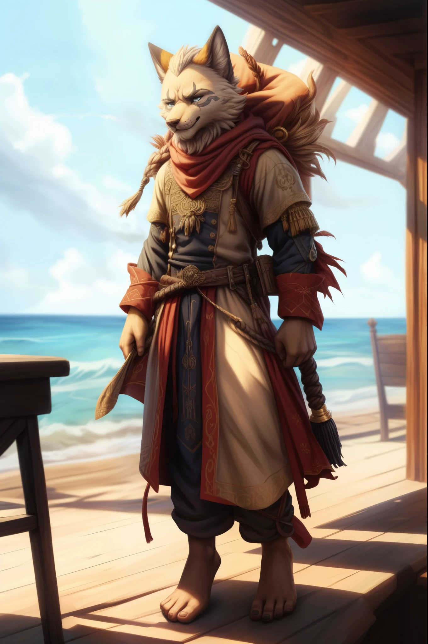 (((Barefoot furry character, full body, cinematic setting, male)))
Masquerading as a man with a reason.
My charade is the event of the season
and if I claim to be a wise man, well
it surely means that I don't know.
On a stormy sea of moving emotion
tossed about I'm like a ship on the ocean.
I set a course for winds of fortune,
but I hear the voices say:
(Carry on my wayward son.)
(There'll be peace when you are done.)
(Lay your weary head to rest.)
(Don't you cry no more.)
BREAK, detailed background, 8K, (masterpiece:1.5), intricate details, highly detailed, extreme detail, octane render, fine art, best quality, highres, (detailed face:1.5), ((full_body)), UHD, (((perfect hands)))