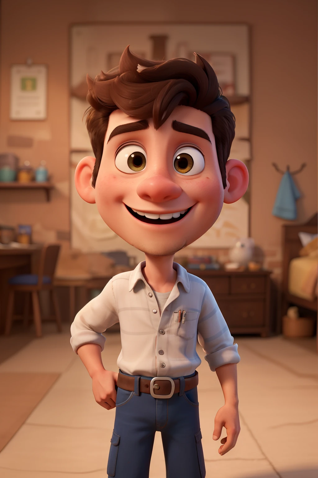 crie um personagem 3d pixar de um jovem de 25 anos, moreno, barba feita, cabelo curto, olhos pretos, cabelo preto, sorrindo, de corpo inteiro, alto e magrelo. 8k