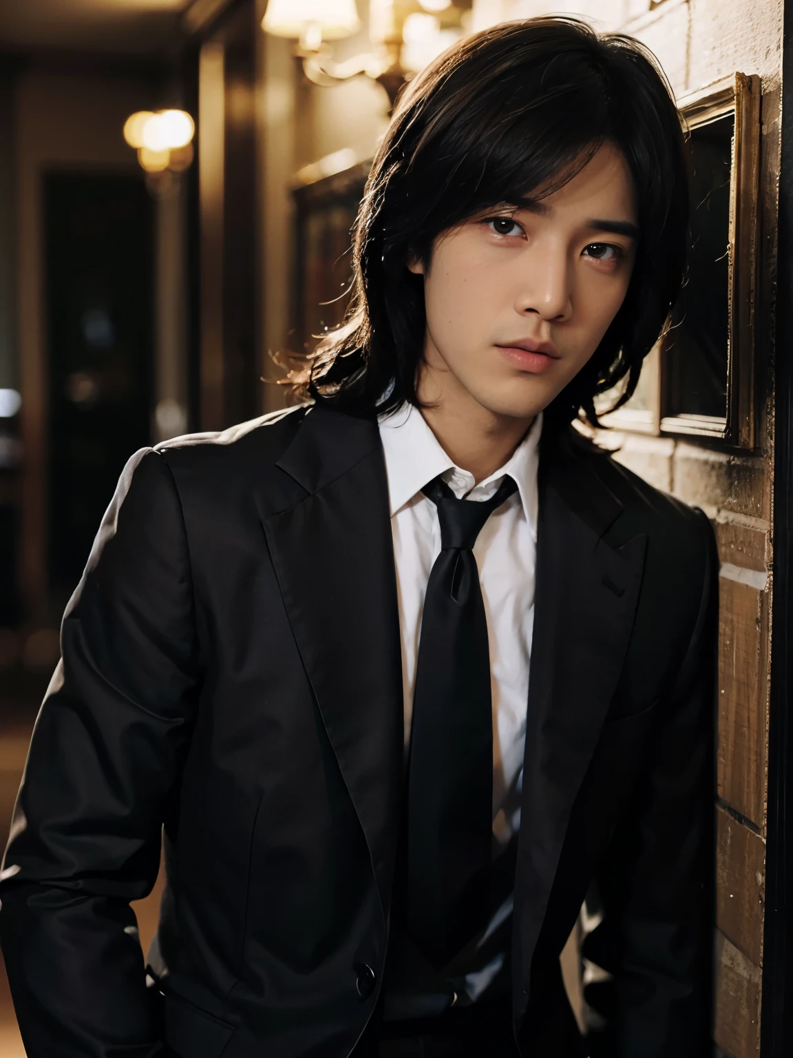 photorealistic, Ultra-detailed, best quality, masterpiece, 1boy, solo, realistic, looking at viewer, black eyes, parted lips, portrait, shirt, lips, black hair, male focus, brown hair, blue stylish suit, stylish necktie, business shirt, 7pm city,
