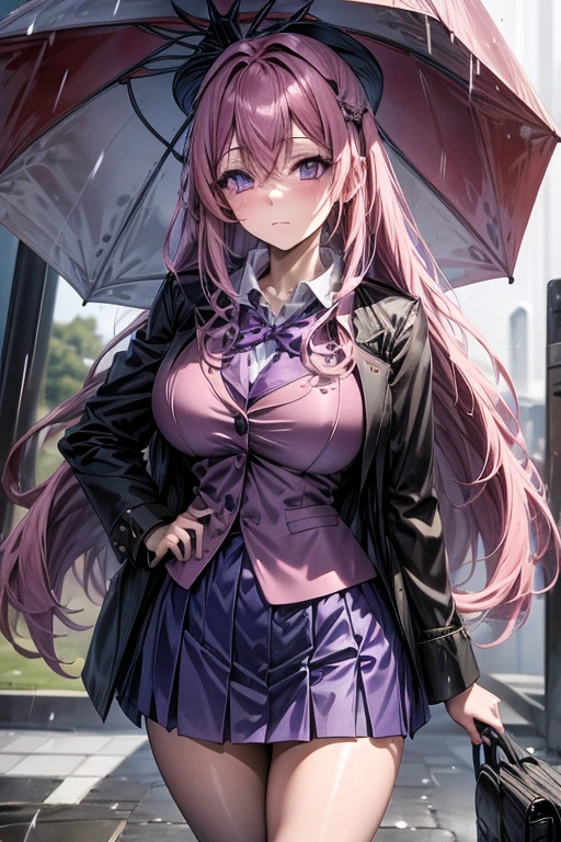 A pink haired woman with violet eyes in an hourglass figure is wearing a conservative student uniform is walking in the rain to class in underneath an umbrella