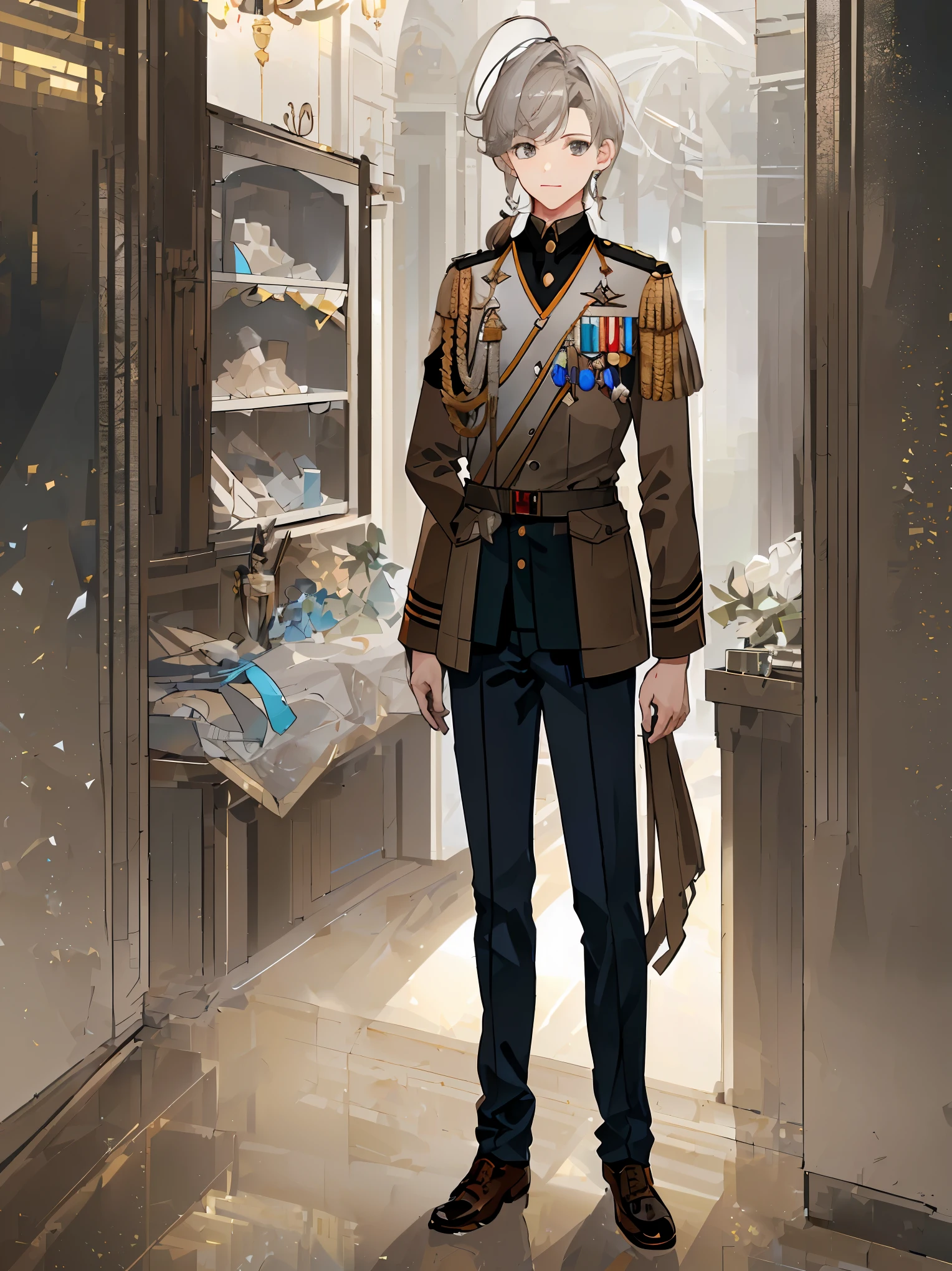 ((Full body)), (a boy), male role, beautiful boy, ((Wehrmacht uniform)), ((idol costume)), ((light brown hair)), ((silver eyes)), ponytail, ((light brown clothes)), high quality