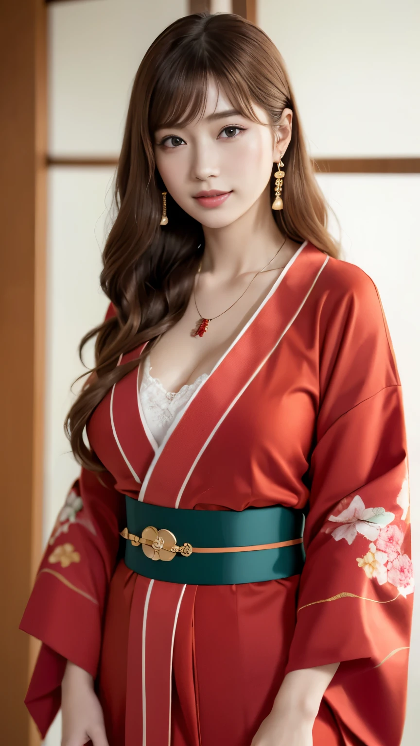 (8K, highest quality, masterpiece:1,2), (realistic, Photoreal:1.37), Super detailed, one girl,), (very detailed), (緻密で美しいeye), (highest qualityの), (Super detailed ), (masterpiece), (detailed face),woman((19 years old)), hair((red, wavy, length)), eye ((redいeye, 大きな eye)), Clothes((kimono,big slit, redい花柄)), accessories ((earrings, necklace)), huge breasts, big , smile, background,長いhair,redいClothes,cowboy shot