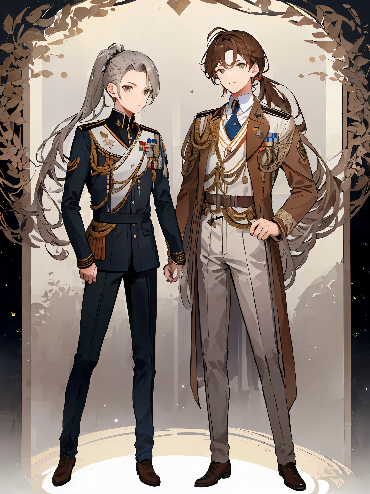 ((Full body)), (a boy), male role, beautiful boy, ((Wehrmacht uniform)), ((idol costume)), ((light brown hair)), ((silver eyes)), ponytail, ((light brown clothes)), high quality