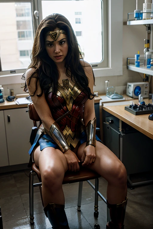 Wonder Woman, sitting in a chair in a laboratory, it is daytime
