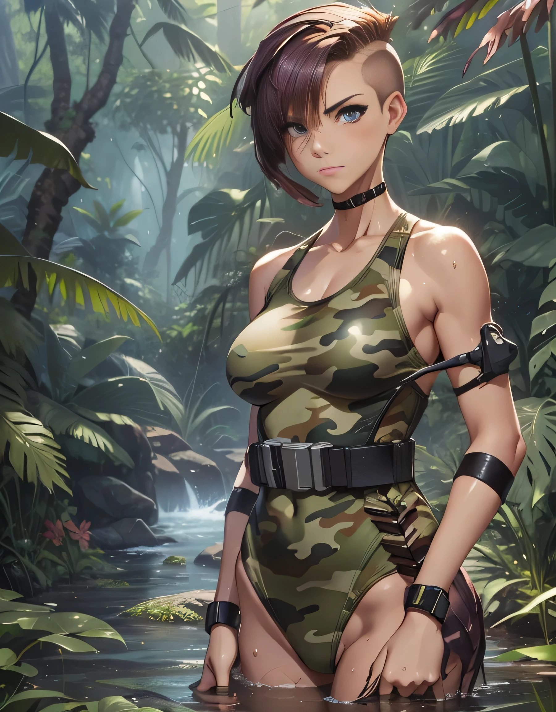 young woman, military babe, heavy weapons, cyber equipment, Fit face, 25yo, Sharp chin, (full body shot), tall, toned, (medium breasts), brown hair, ((shaved hair:1.8)), blue eyes, (camouflage high-cut one piece swimsuit), in jungle, walking in water, thigh gap