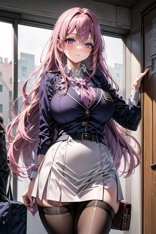 A pink haired woman with violet eyes in an hourglass figure is wearing a conservative student uniform is hanging up her school bag in a gothic dorm