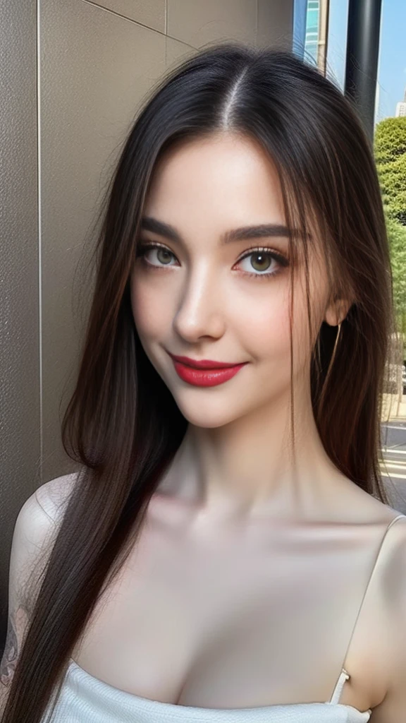 ((Best picture quality, 8K,tmasterpiece:1.3,)), ((Karina Lyla))，1girll, Beautiful woman with slender abs:1.3, (Casual hairstyle,clavicle，Huge bust， Leaky big breasts:1.2，cleavage,Tattooed with), Ultra-fine face, detailed eyes, double eyelid, Best Quality, Illustration, Ultra-detailed, finely detail, hight resolution, 8K Wallpaper, Perfect dynamic composition, Beautiful detailed eyes, summer dress,Medium Hair, Same as, Natural Color Lip, Random and sexy poses,Smile,Aoyama Street Wall
