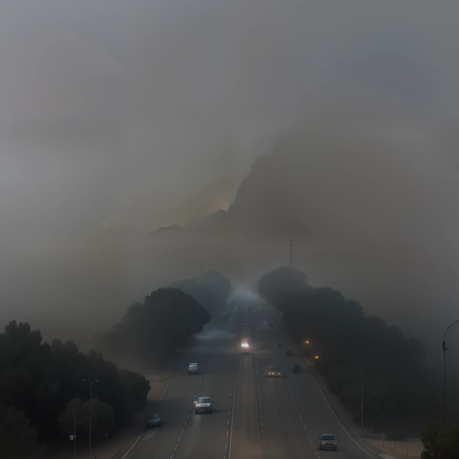 arafed view of a highway with a foggy sky and trees, smoke and thick dust in the air, foggy weather atmosphere, low visibility, sand storm approaching, highly atmospheric and foggy, gloomy and foggy atmosphere, sand storm enters, during sandstorm, dust floats in the air, environment fog, reduced visibility, ominous foggy environment, thick heavy fog