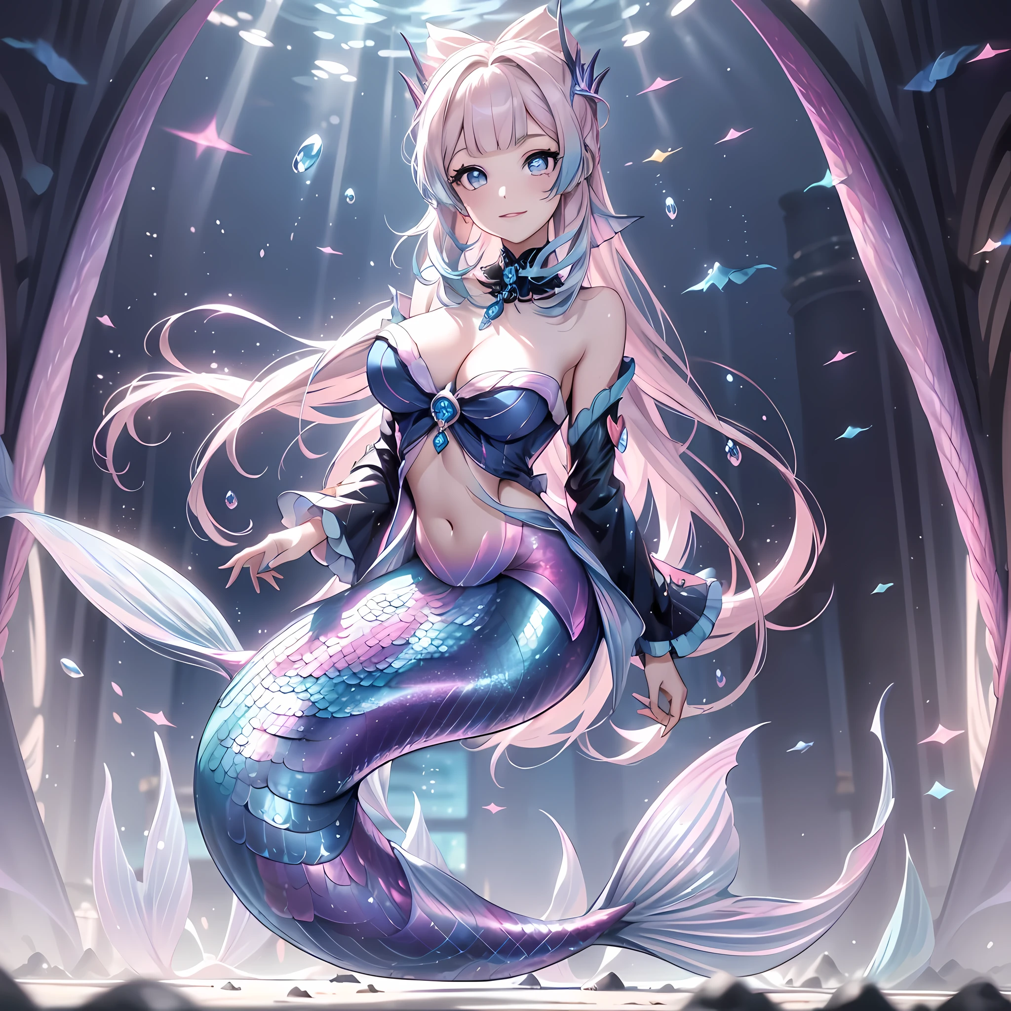 (masterpiece), best quality, expressive eyes, perfect face,((1girl)),(((mature woman))),(pink hair),(dark blue and light blue mermaid:1.5)),(dark blue scales,mermaid tail),(big breasts:1.4),(sparkles:0.9),(glitters:0.9),crystal amulet,(underwater:1.4),long hair,wavy hair,cleavage,looking at viewer,light smile, eyeshadows, eye liner,glistening eyes, hyper detailed eyes, intricate eyes, beautiful eye, ((glowing blue pupils)),swimming,smiles,(female focus),dynamic angle,full body
