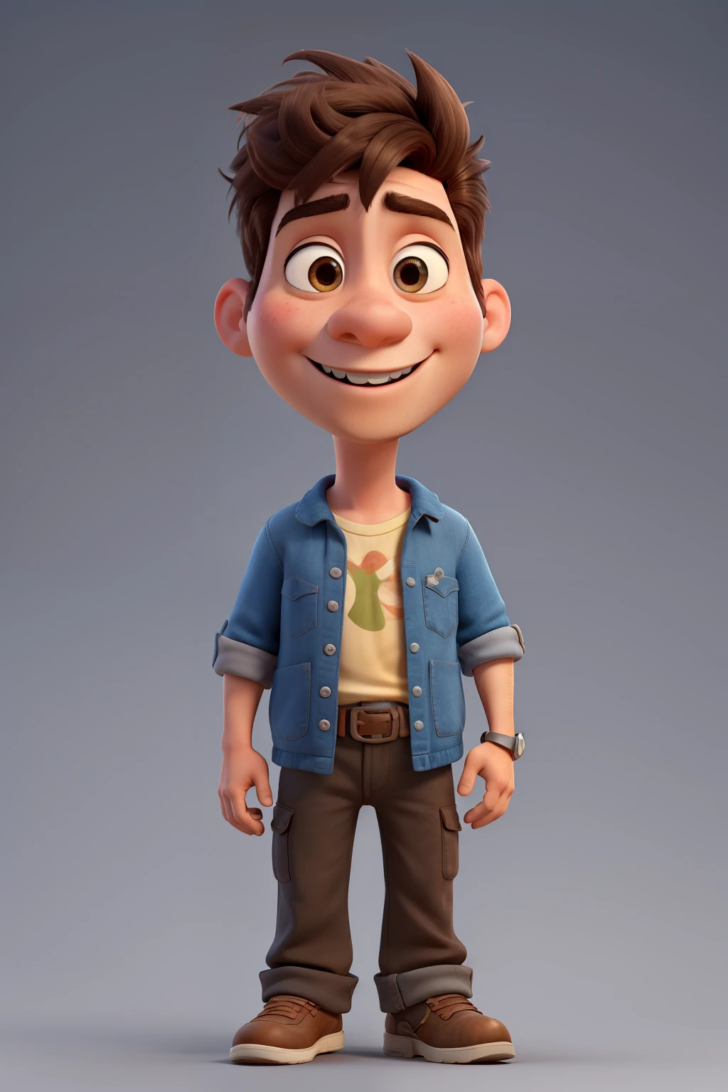 crie um personagem 3d pixar de um jovem de 25 anos, moreno, barba feita, cabelo curto, olhos pretos, cabelo preto, sorrindo, de corpo inteiro, alto e magrelo, sentado. 8k