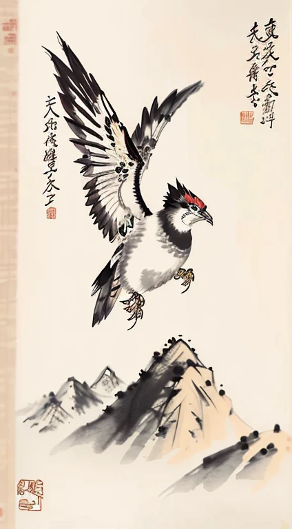 Chinese calligraphy with mountain scenery and a bird flying in the sky, Song Huizong, Chinese text, overlaid with Chinese text, Hungry Ghost Festival, style of feng zhu, style of guo hua, by Chen Daofu, calligraphy poem, golden Chinese text, su fu