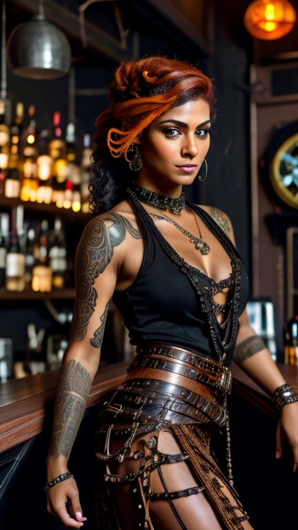 High resolution photo, ultra detailed body and face, European Indian mixed race 40 year old woman, cyberpunk hairstyle and the sides of the head shaved, main hair orange, side hair gold, clothing steampunk corsage made of etched leather with lace and many accessories and long steampunk mullet skirt made of etched Velvet with pointed and wide steampunk belt and steampunk women's boots, bright large gothic tattoos, full body pose casually standing at a bar counter looking into the camera, bar and bar counter in steampunk style, steampunk photo atmosphere at night