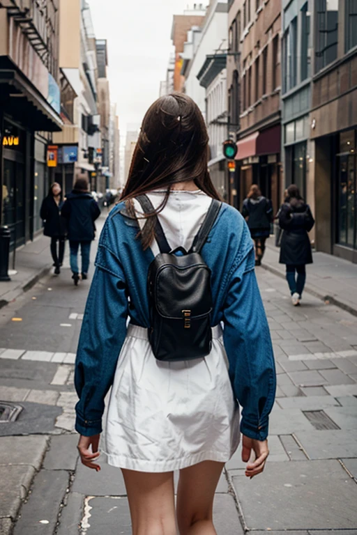 A girl walking alone on the street, facing away, Expressionless, in public, city, people coming and going, 8k, photography, detailed street view, vibrant colors, natural lighting