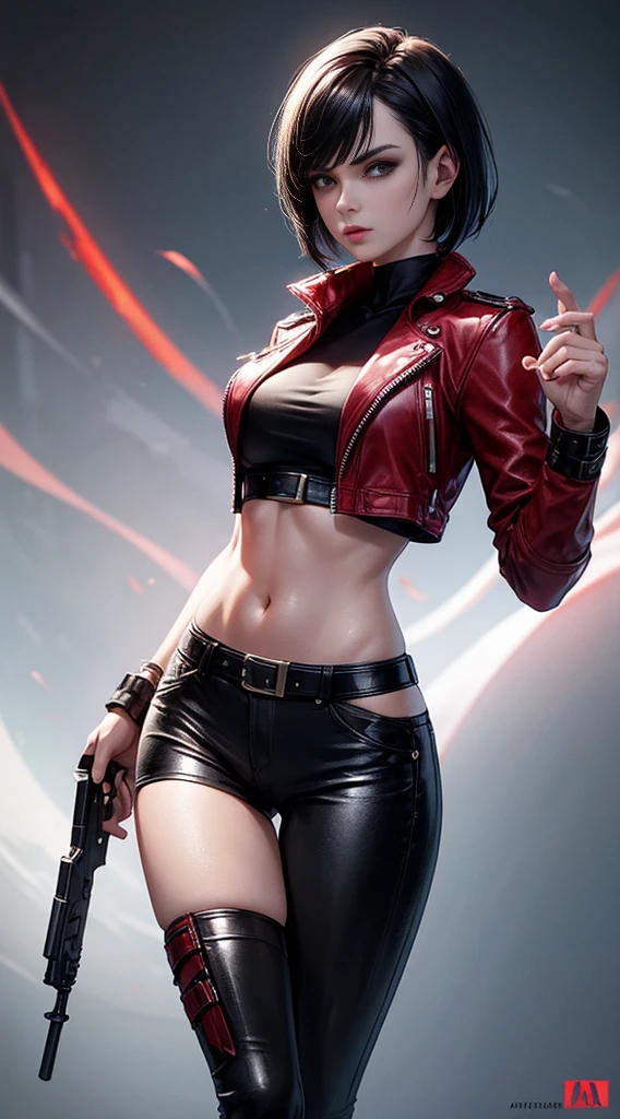 a beautiful 25 years old British female vampire mercenary with short black hair, pale skin, wearing red leather jacket and black tight pants, holding dual handguns, view from front, waist up shot, dynamic pose, ambient lighting, photo realism, intricate face detail, intricate hand details, highly detailed, vibrant colors, cinematic, high definition, trending on Artstation--style raw