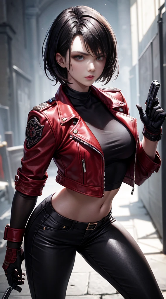 a beautiful 25 years old British female vampire mercenary with short black hair, pale skin, wearing red leather jacket and black tight pants, holding dual handguns, view from front, waist up shot, dynamic pose, ambient lighting, photo realism, intricate face detail, intricate hand details, highly detailed, vibrant colors, cinematic, high definition, trending on Artstation--style raw